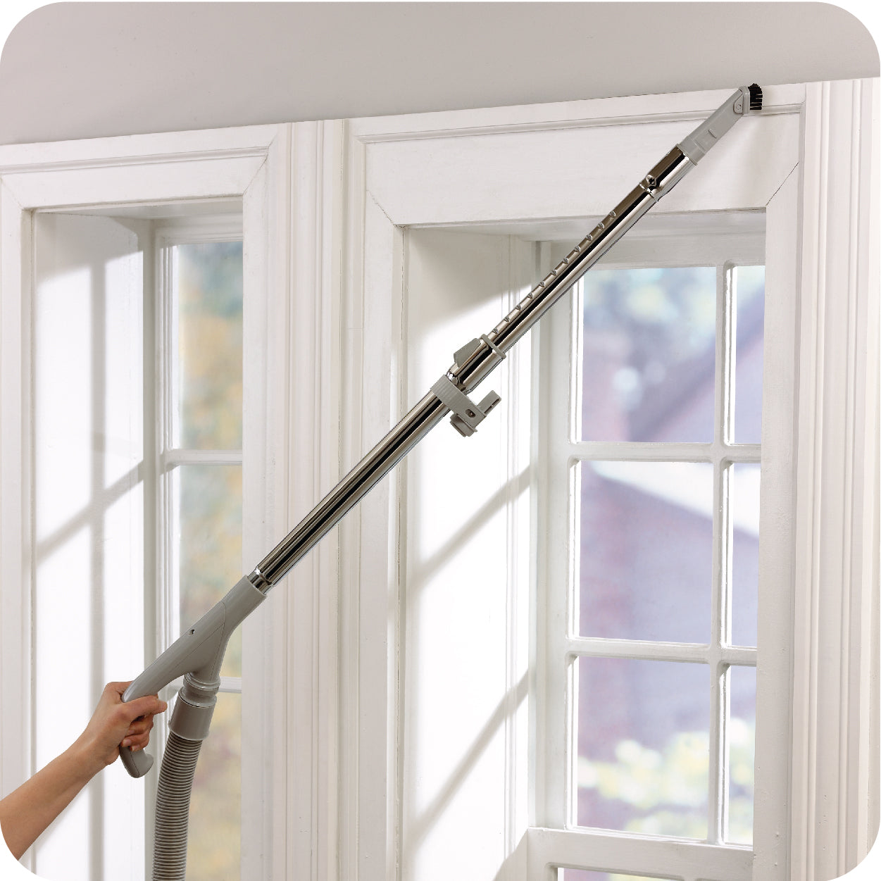 Canister vacuum cleaner with wand and tool attachment cleaning above floors