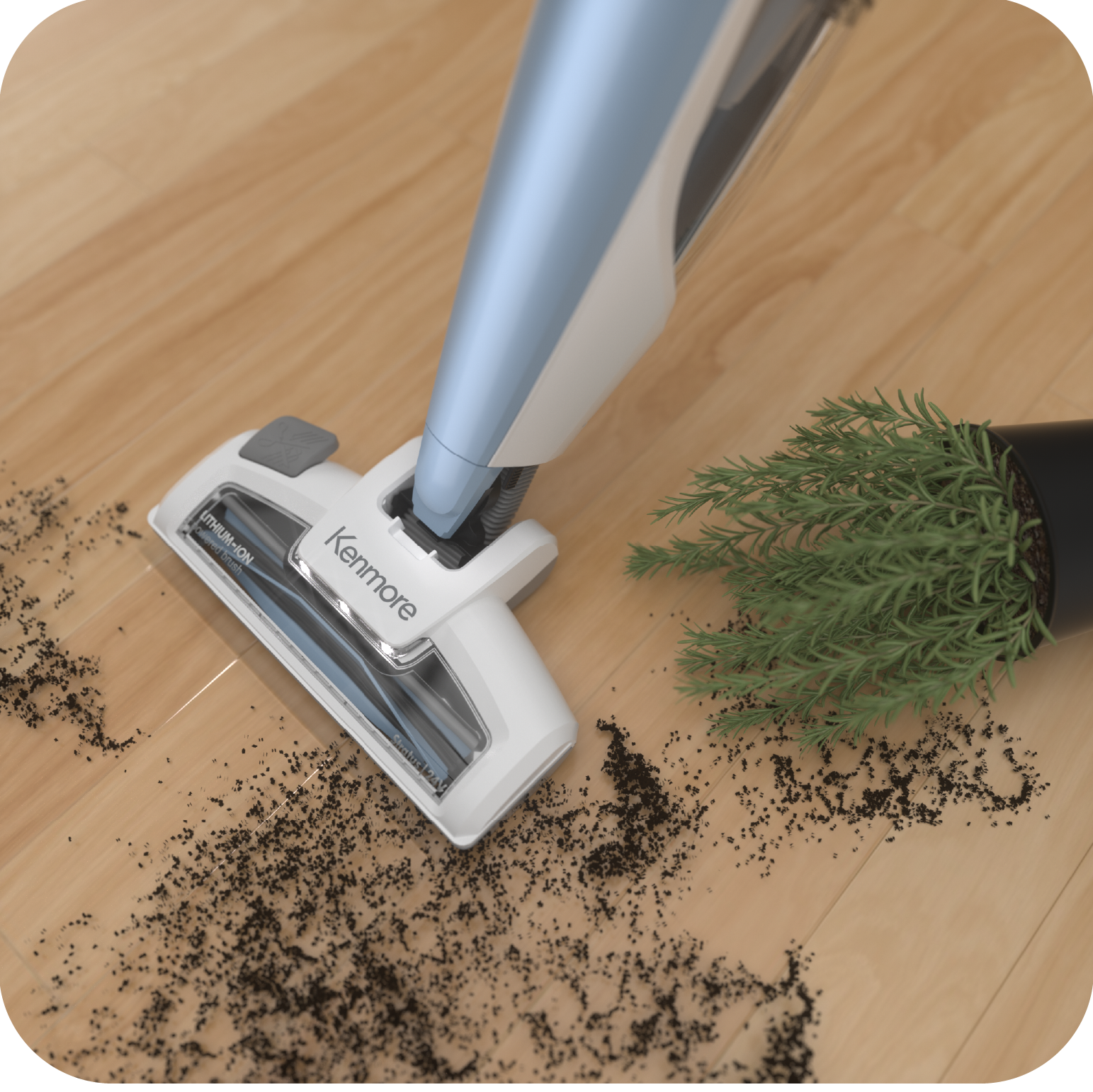 Kenmore stick vacuum cleaner cleaning a wooden floor with dirt and a plant on the ground.