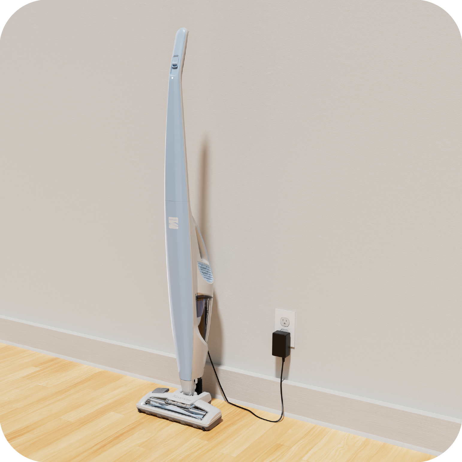 Stick vacuum plugged into outlet and charging.