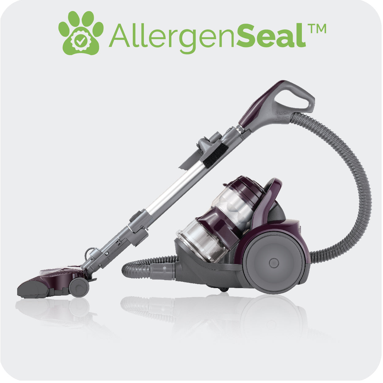 Canister vacuum cleaner with 'AllergenSeal' branding on a white background