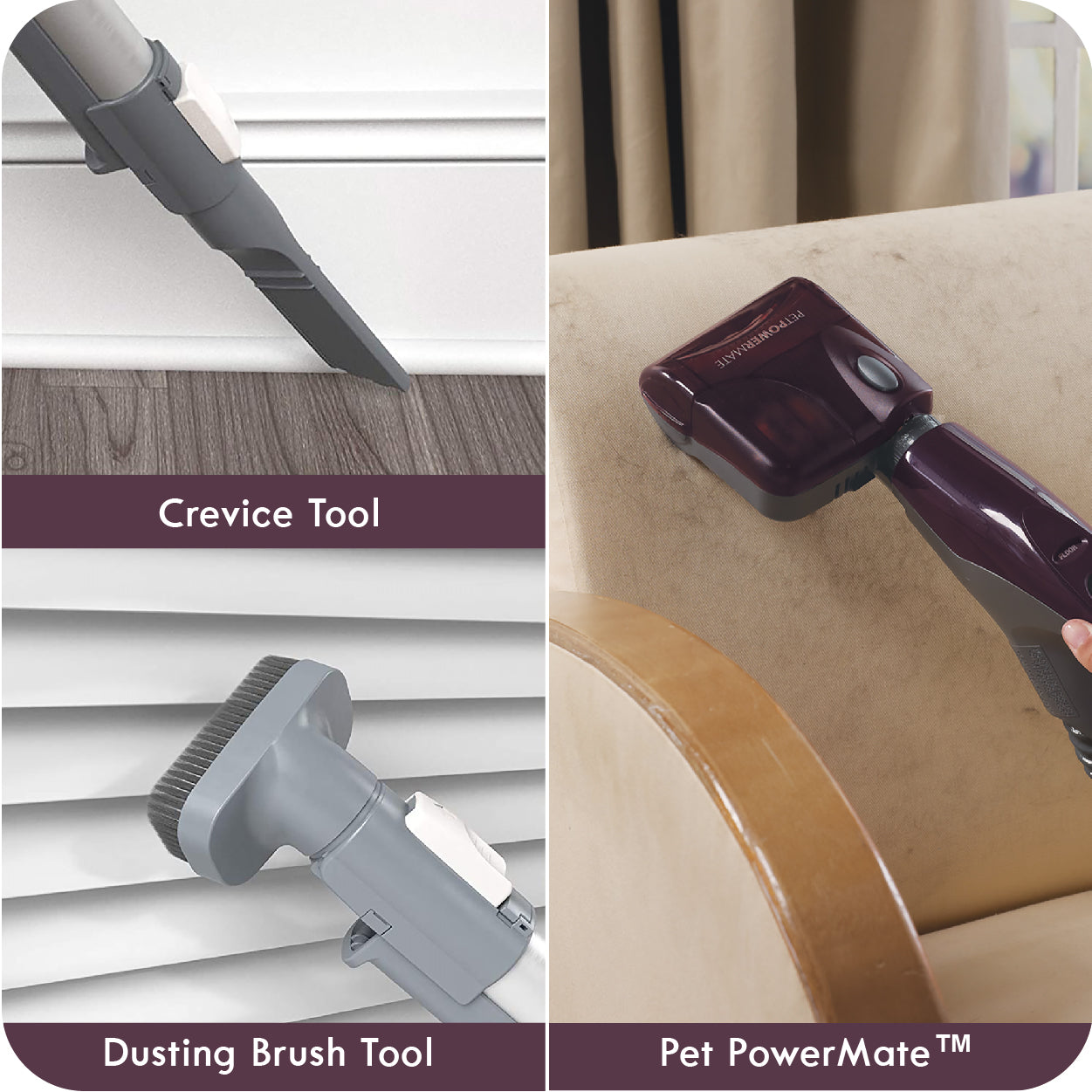 Vacuum cleaner attachments including crevice tool, dusting brush, and pet powermate on a neutral background.