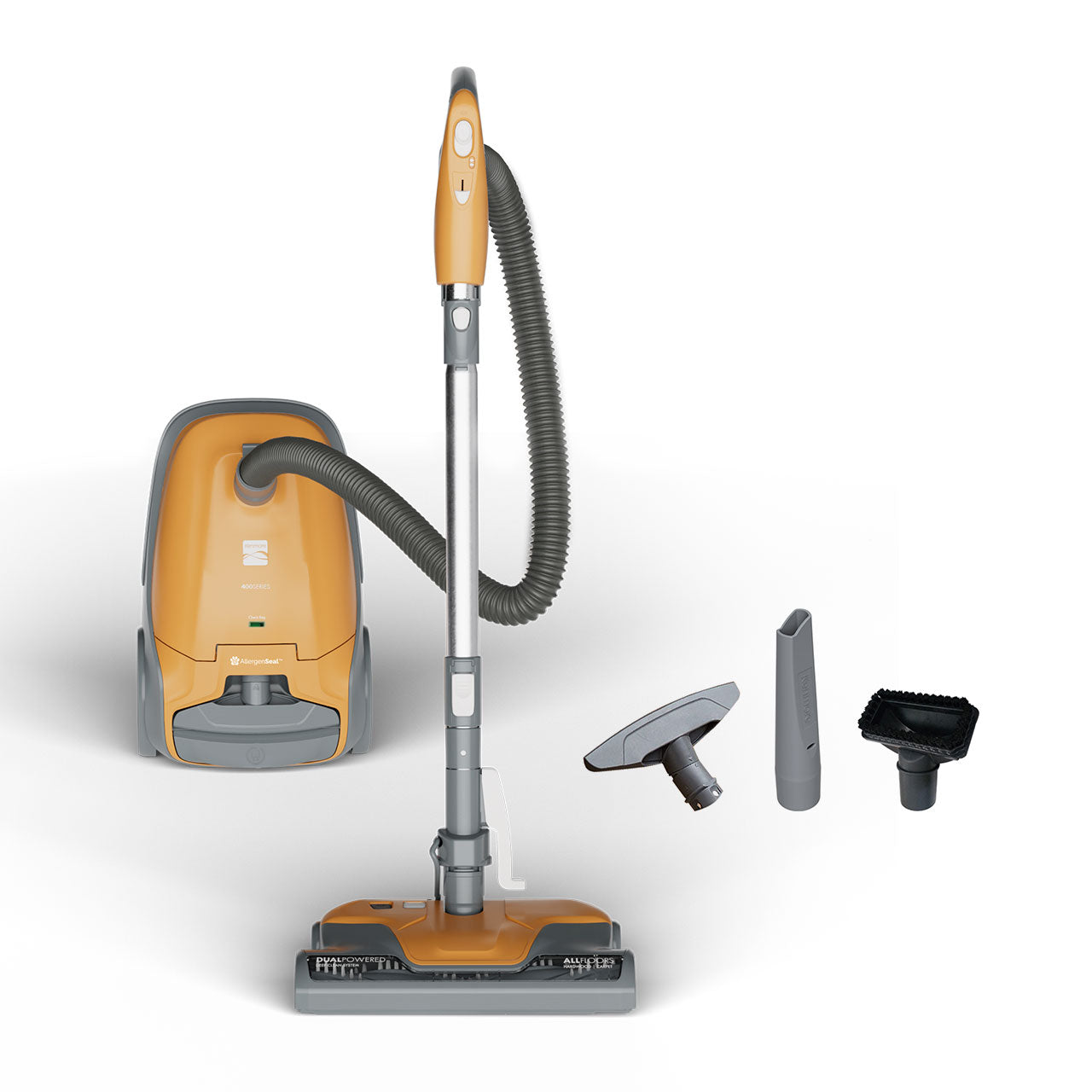 Canister vacuum cleaner with attachments on a white background