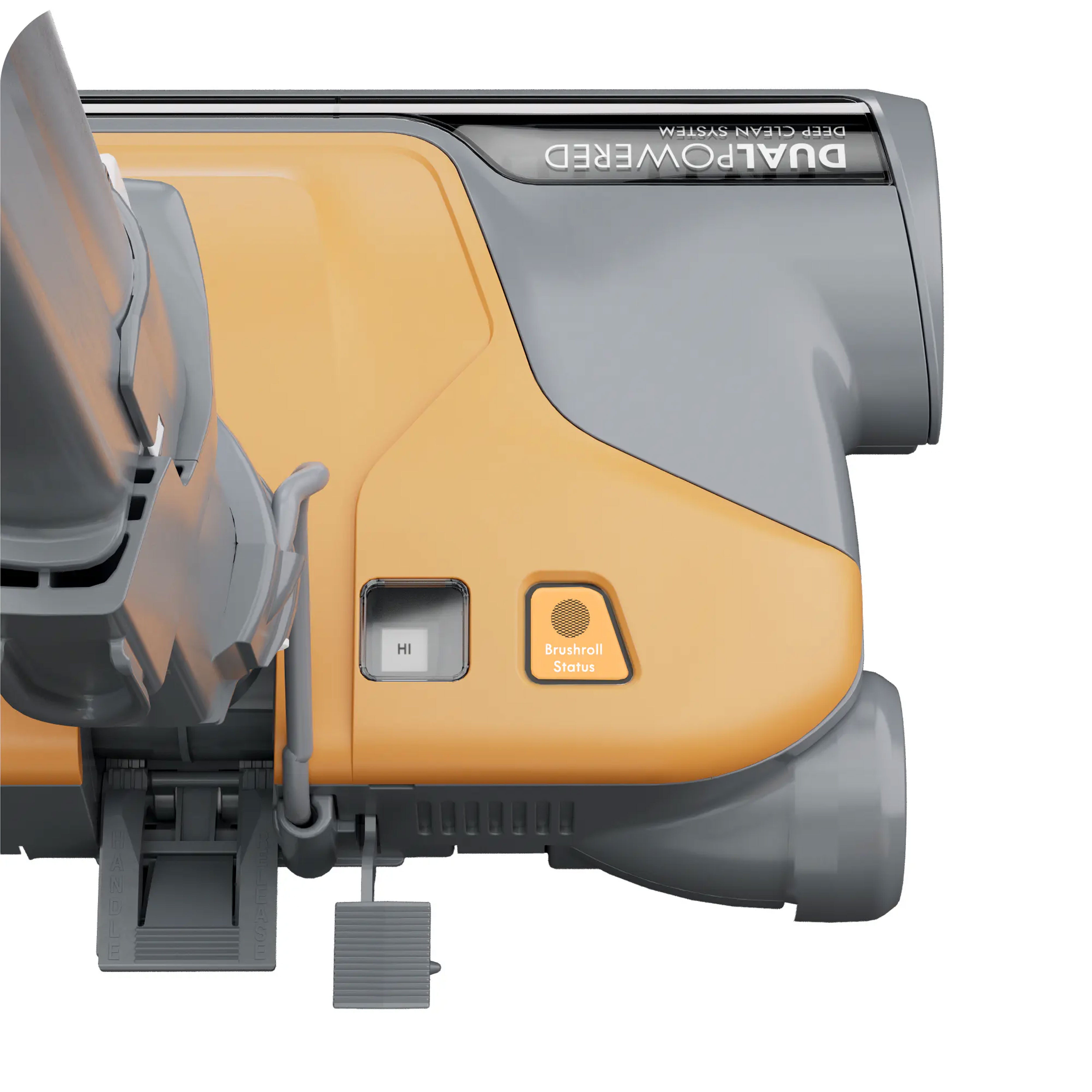 Close-up of a canister vacuum cleaner with orange and gray color scheme on a white background