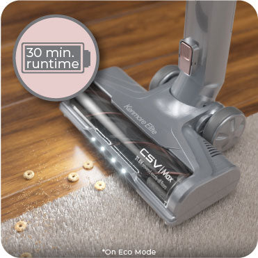 Gray vacuum cleaner on a wooden floor with a focus on runtime feature.
