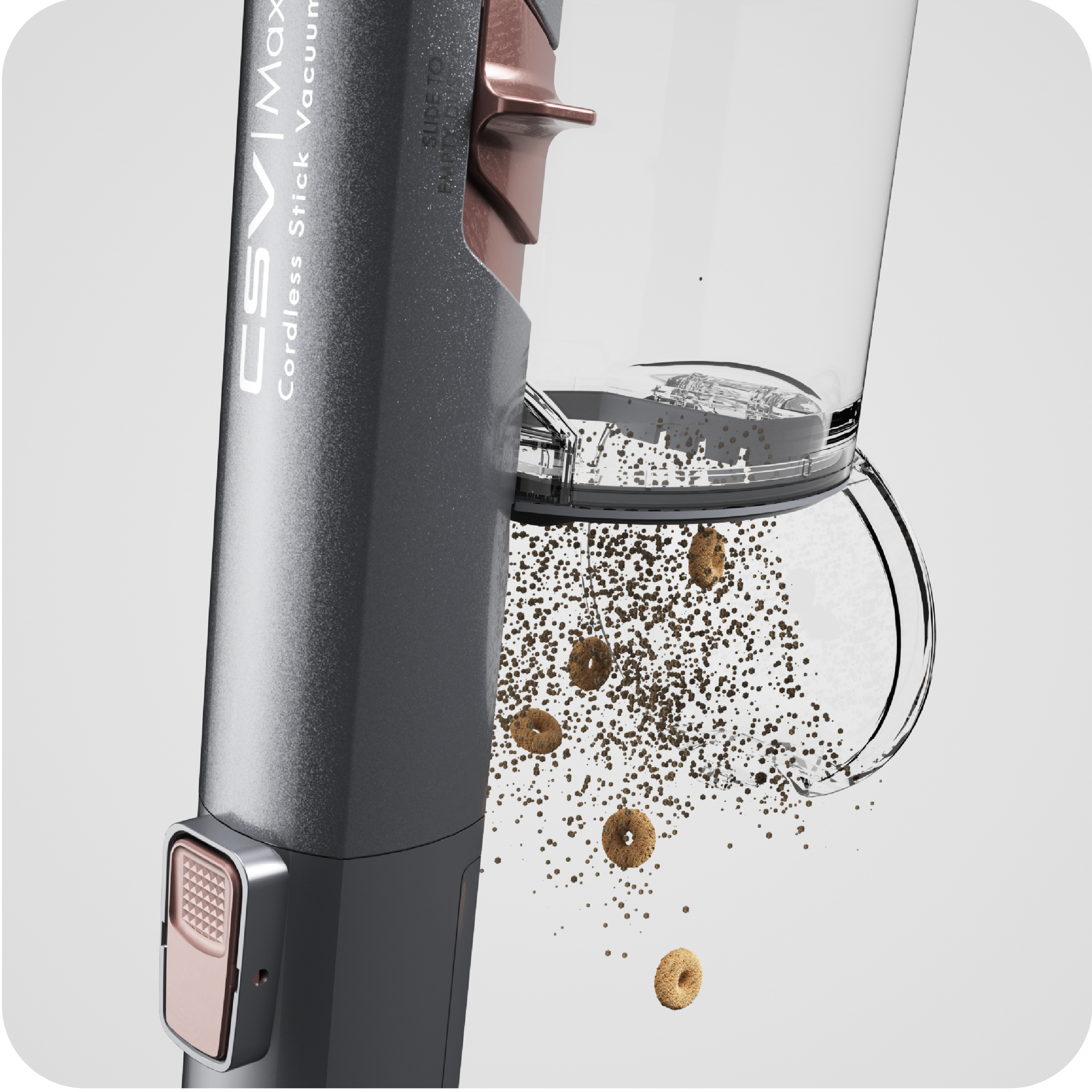 View of CSV | Max cordless stick vacuum's dust cup emptying
