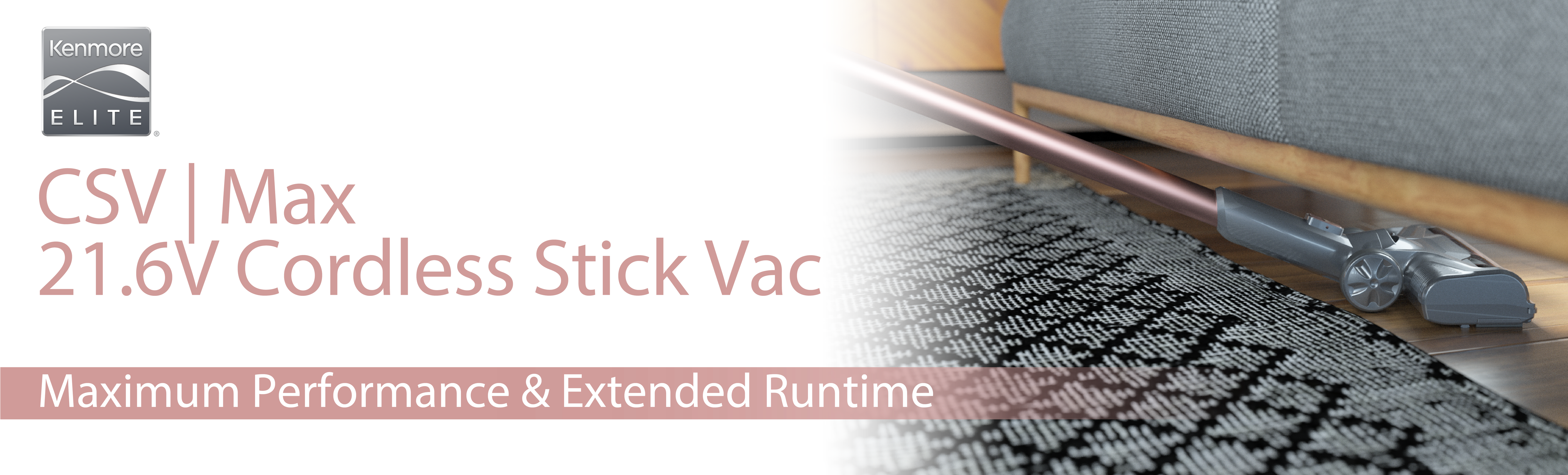 Cordless stick vacuum cleaning under a couch with branding and product details.