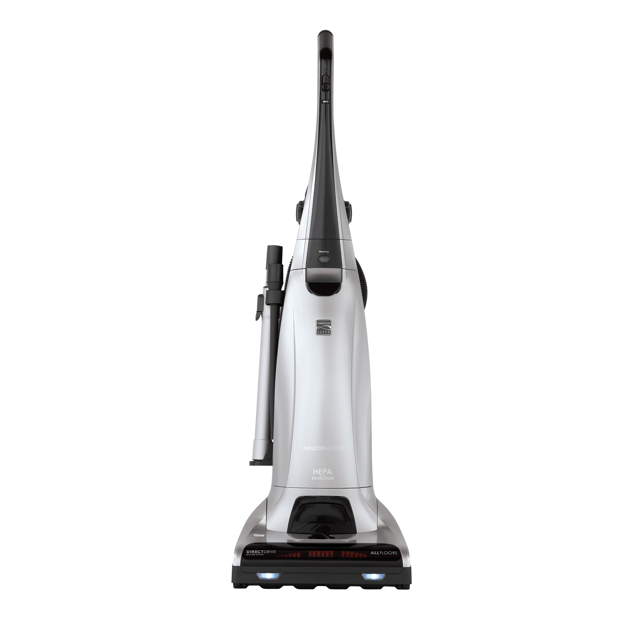 Kenmore Silver and black upright vacuum cleaner on a white background