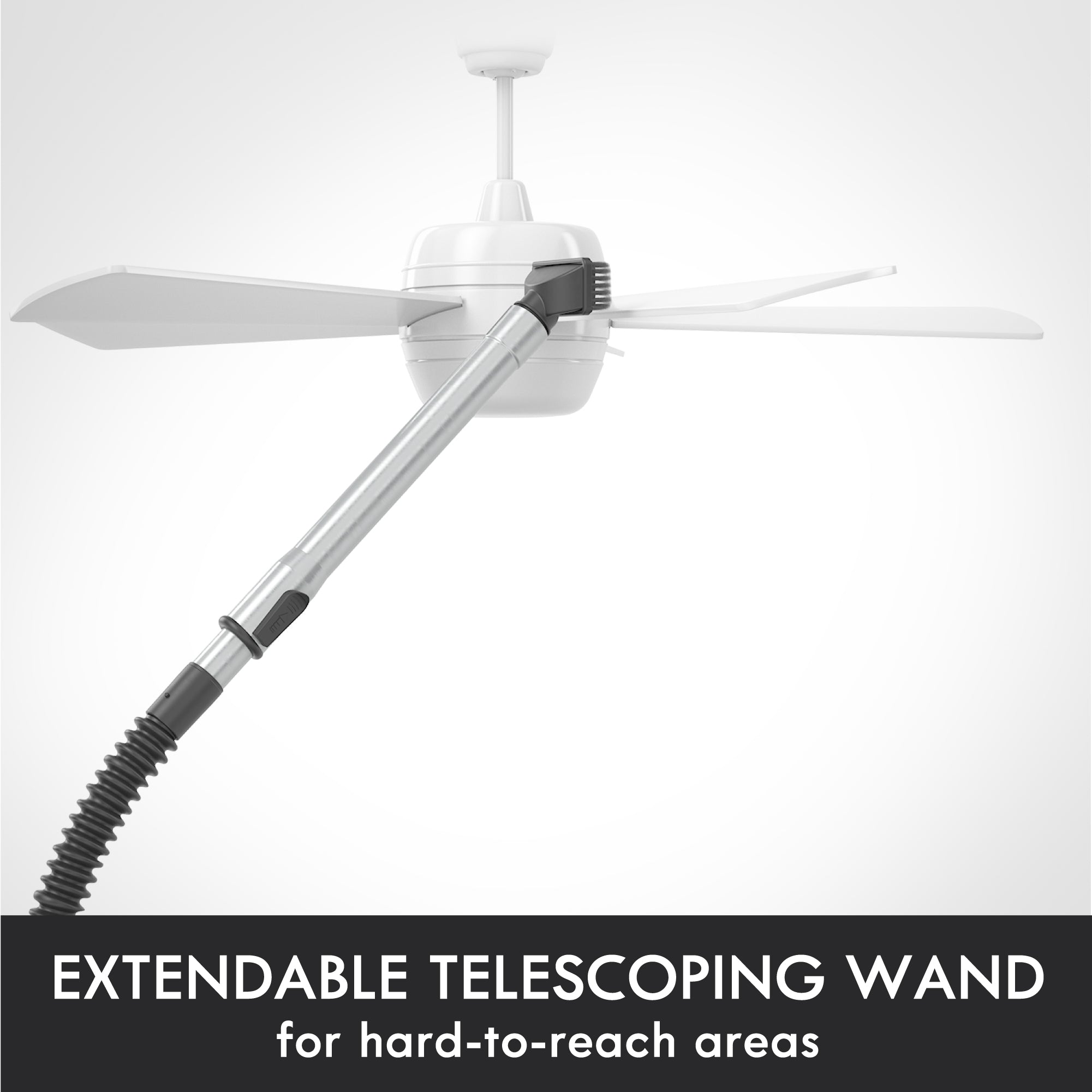 Extendable telescoping wand with a dusting brush attachment cleaning a ceiling fan on a white background