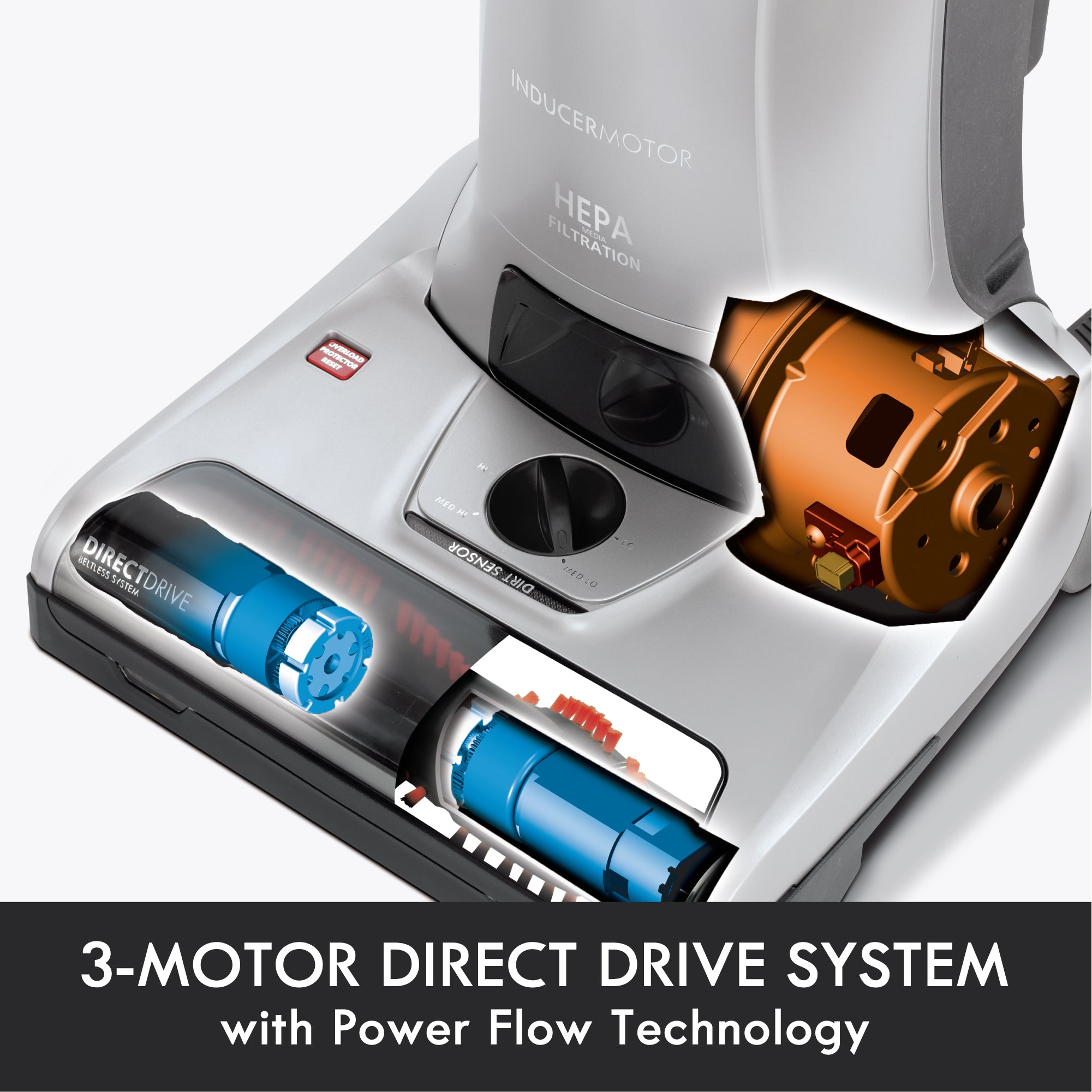 Close-up of a vacuum cleaner with a 3-motor direct drive system on a white background.