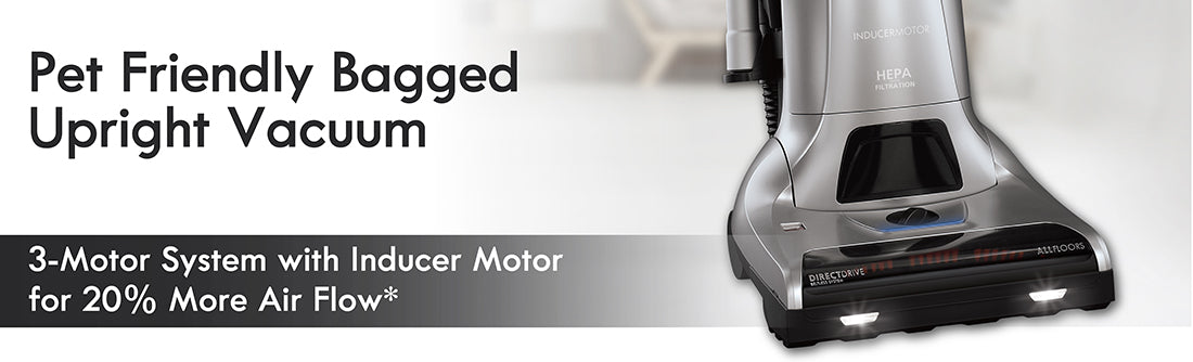 Pet-friendly bagged upright vacuum cleaner with text highlighting features on a white background