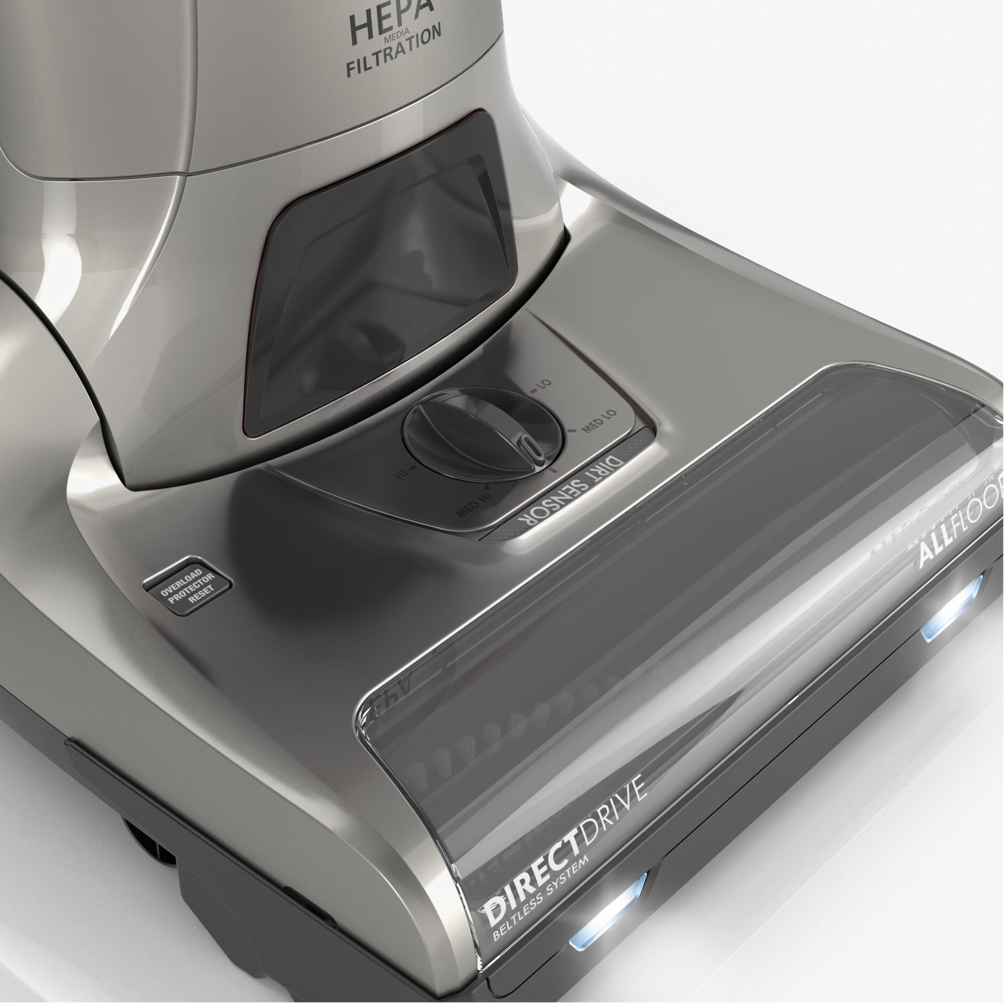 Close-up of a vacuum cleaner with 'HEPA Filtration' and 'Direct Drive' branding on a white background.