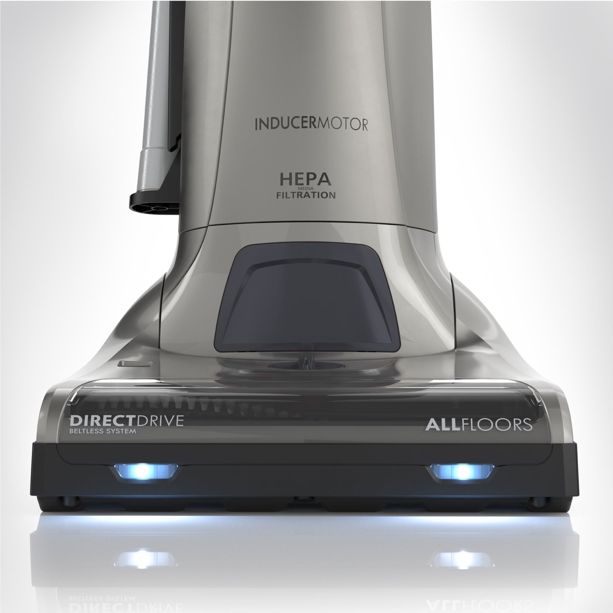 Vacuum cleaner with 'Inducer motor', 'HEPA Filtration', 'DirectDrive', and 'All Floors' branding on a white background.