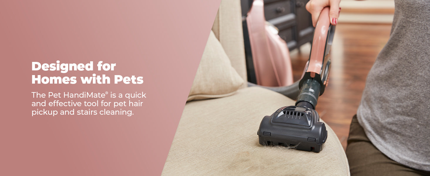 Person using a Pet HandiMate to clean pet hair on furniture with text highlighting its use for homes with pets.