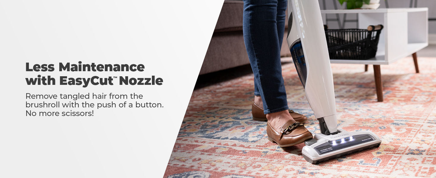 Person using a stick vacuum cleaner with text about EasyCut Nozzle on a white background