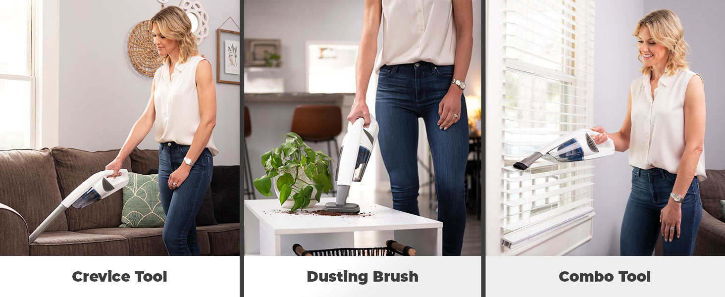 Woman using a hand held vacuum cleaner with different attachments in various rooms.
