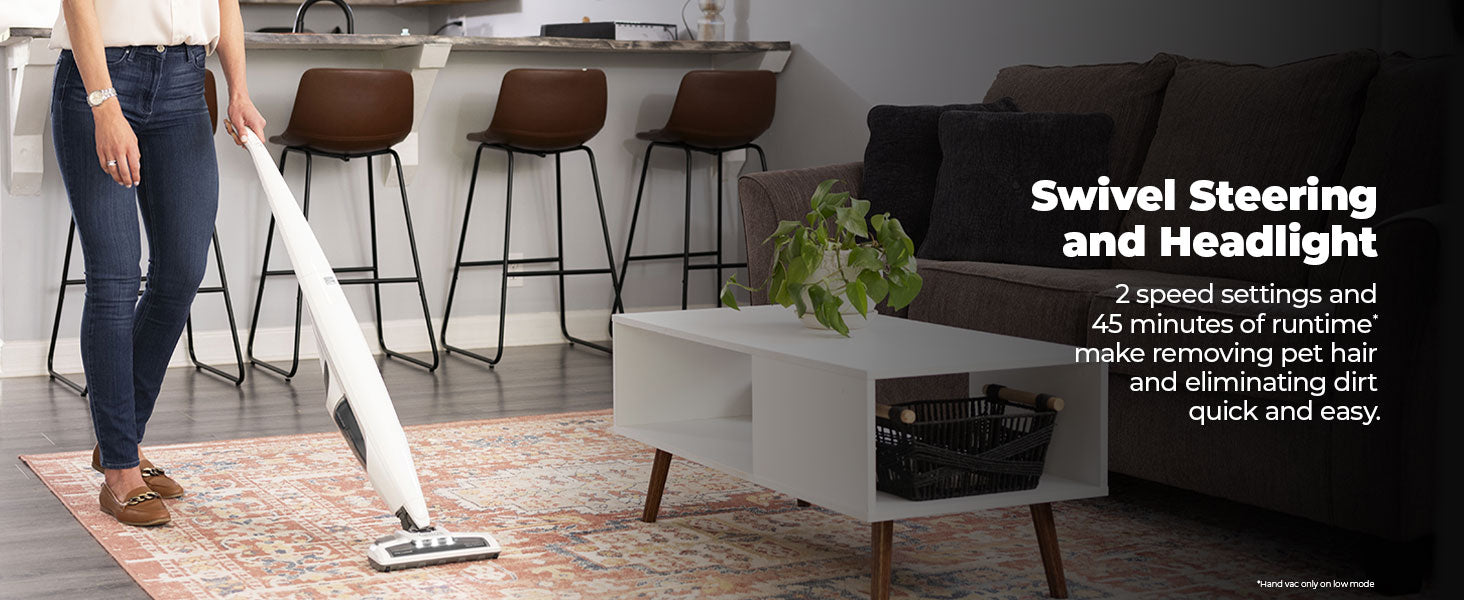 Person using a stick vacuum cleaner in a living room with text about swivel steering and headlight features.