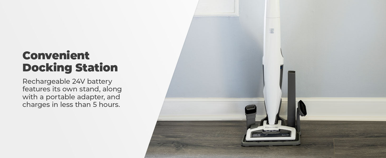 Stick vacuum cleaner with docking station on a wooden floor