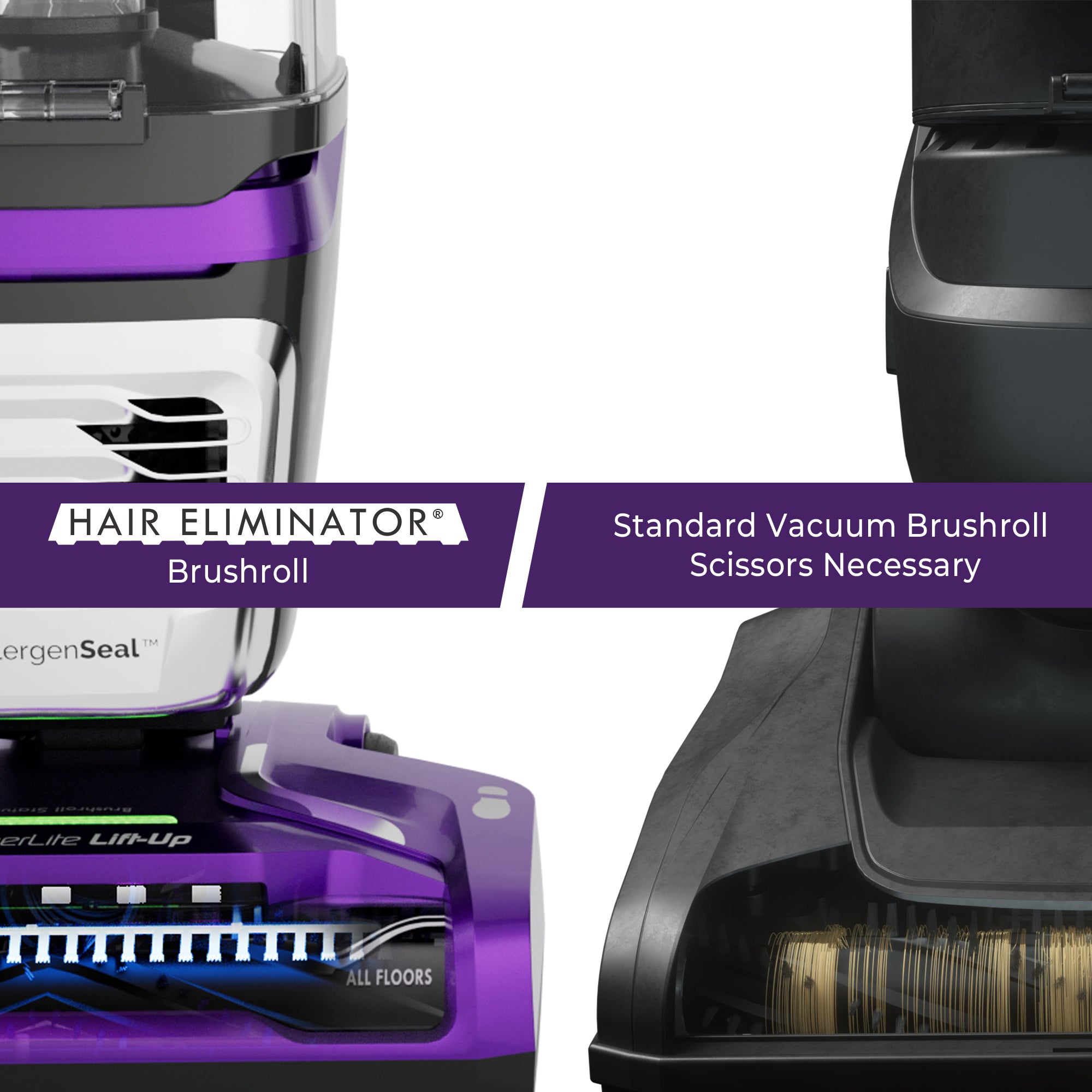 Comparison of Hair Eliminator brushroll with a standard vacuum brushroll on a white background.