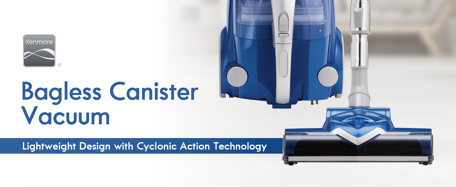 Blue bagless canister vacuum cleaner with text on a white background