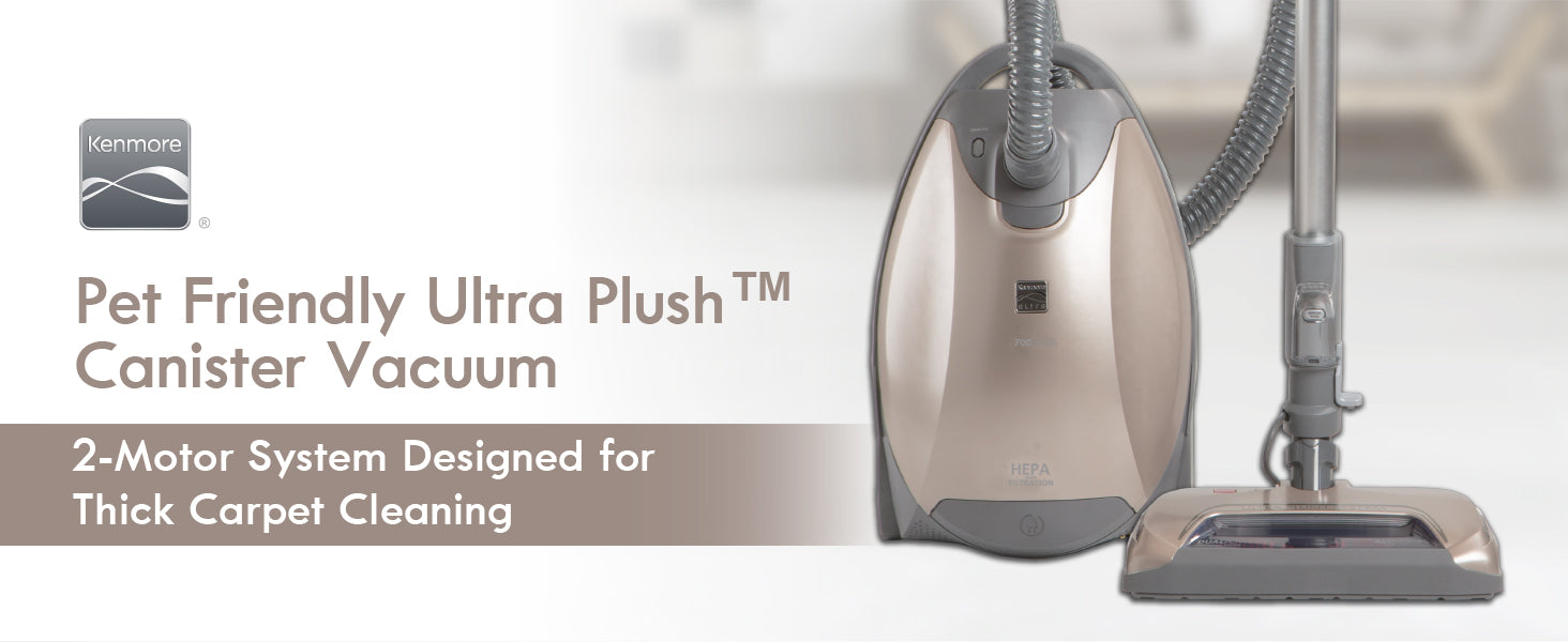 Pet Friendly Ultra Plush canister vacuum cleaner with text on a light background