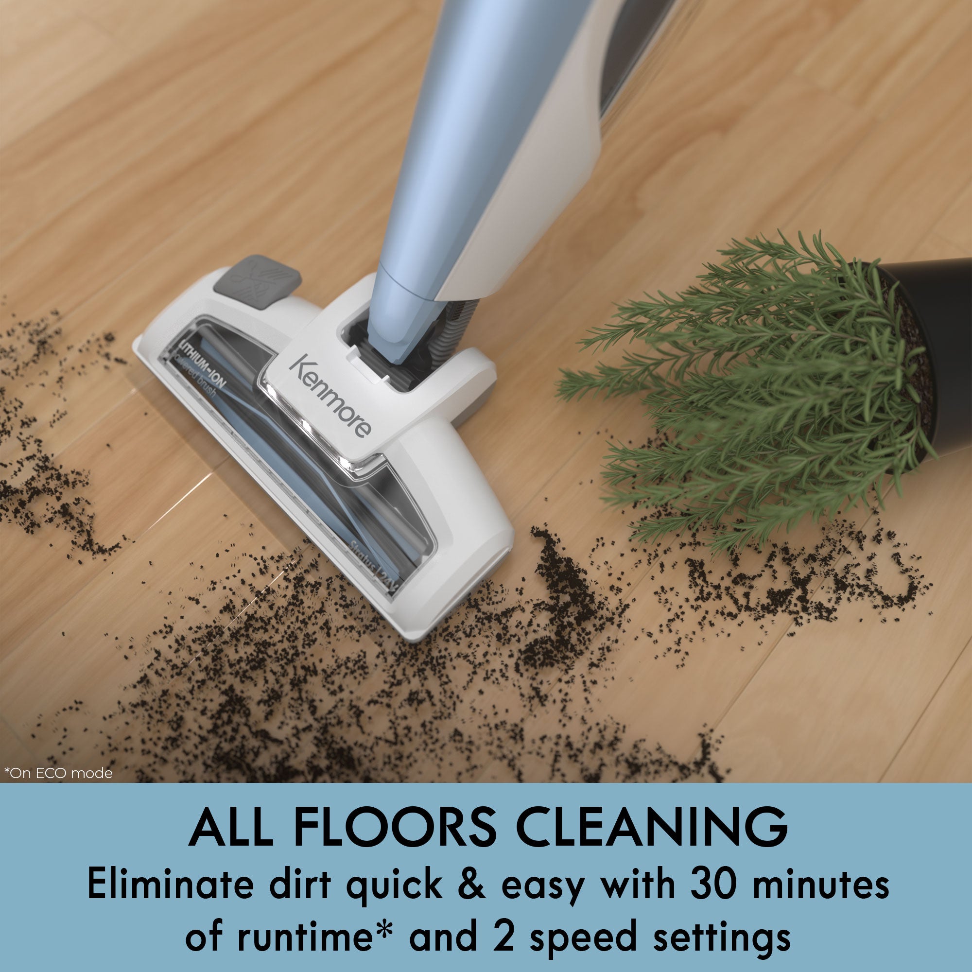 Vacuum cleaner cleaning a wooden floor with dirt and a plant, featuring Kenmore branding.