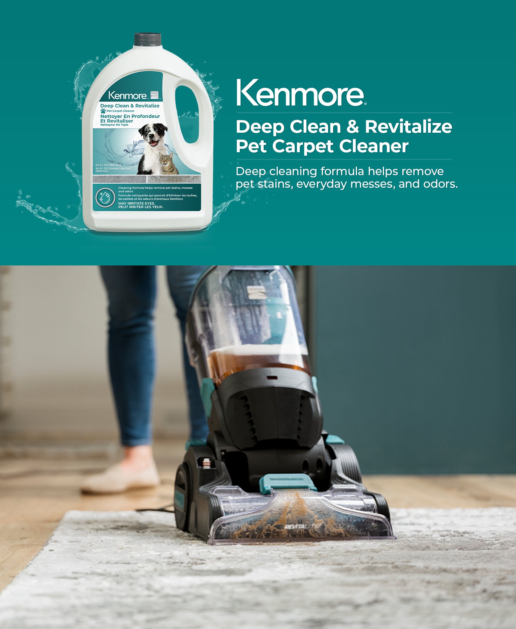 Kenmore pet carpet cleaner formula with a carpet cleaner shown on a teal background
