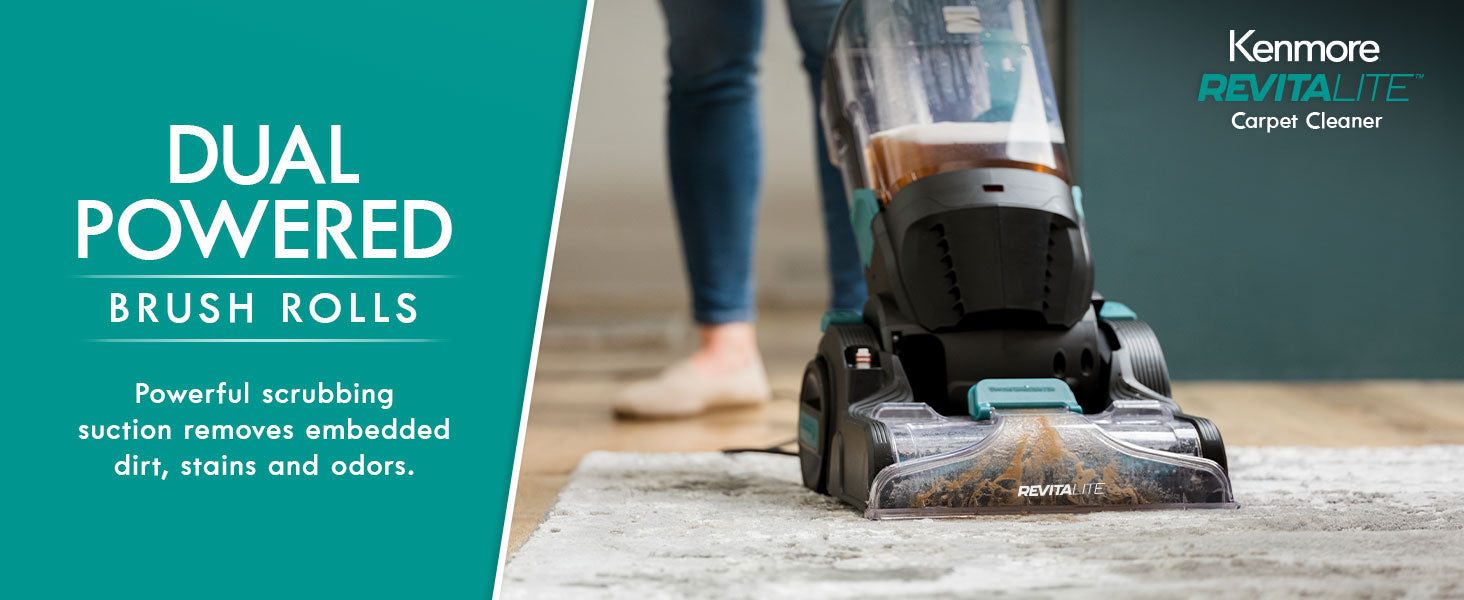 Kenmore Revitalite carpet cleaner with dual powered brush rolls on a teal background