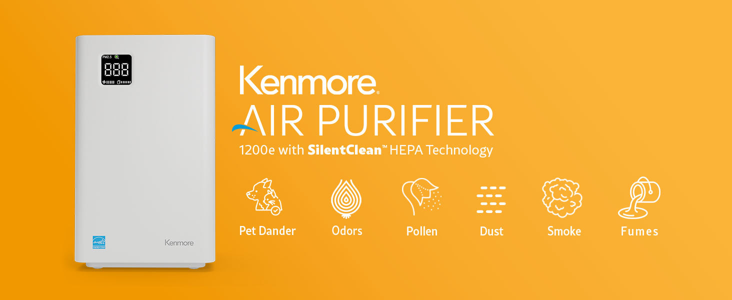 Kenmore air purifier on an orange/yellow background with icons indicating it removes pet dander, odors, pollen, dust, smoke, and fumes.