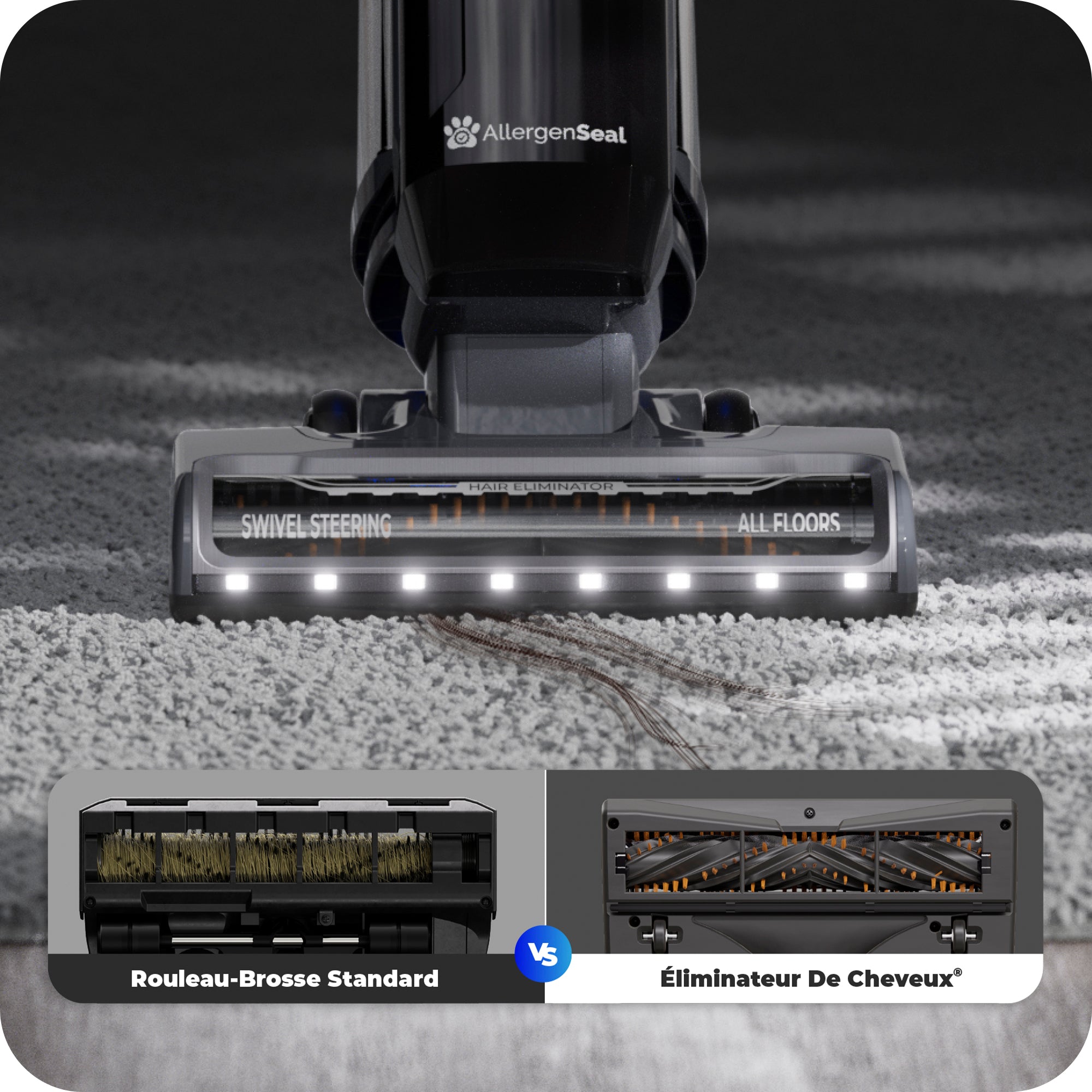 Vacuum cleaner head with AllergenSeal branding on a carpet, showing different brushroll options.