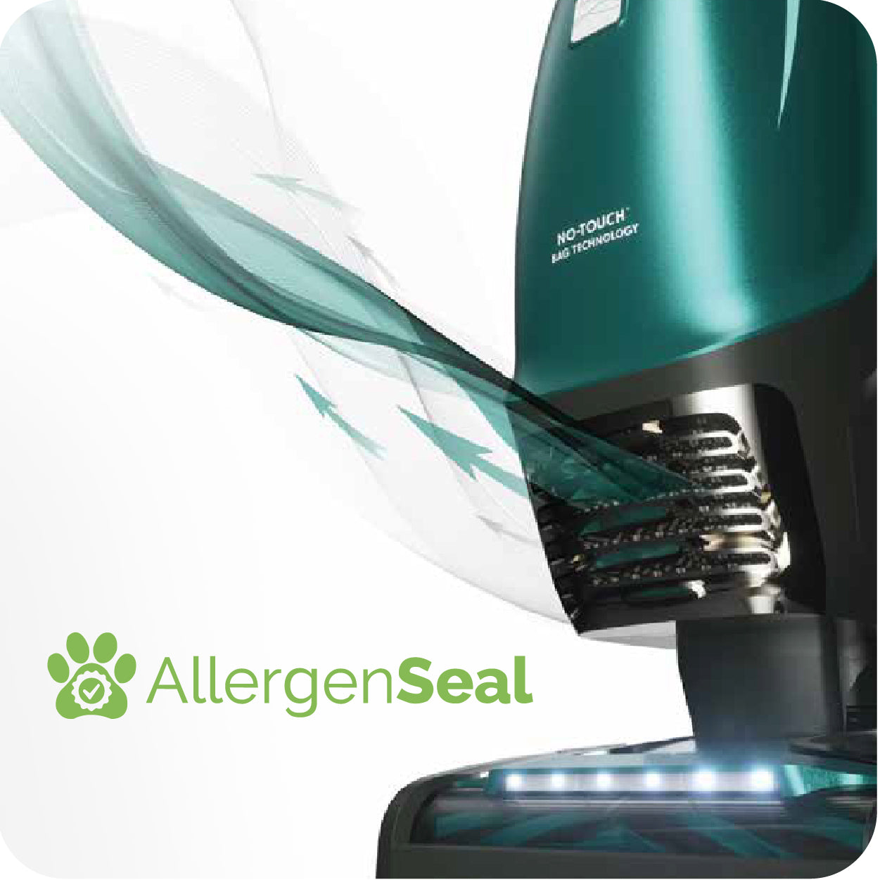 Green and gray upright vacuum cleaner with 'AllergenSeal' branding on a white background