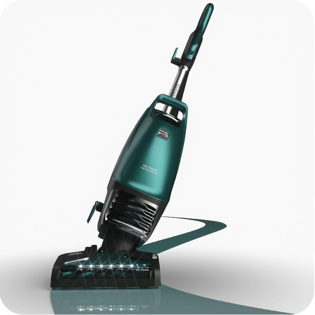 Green upright vacuum cleaner illustrating a swivel on a white background