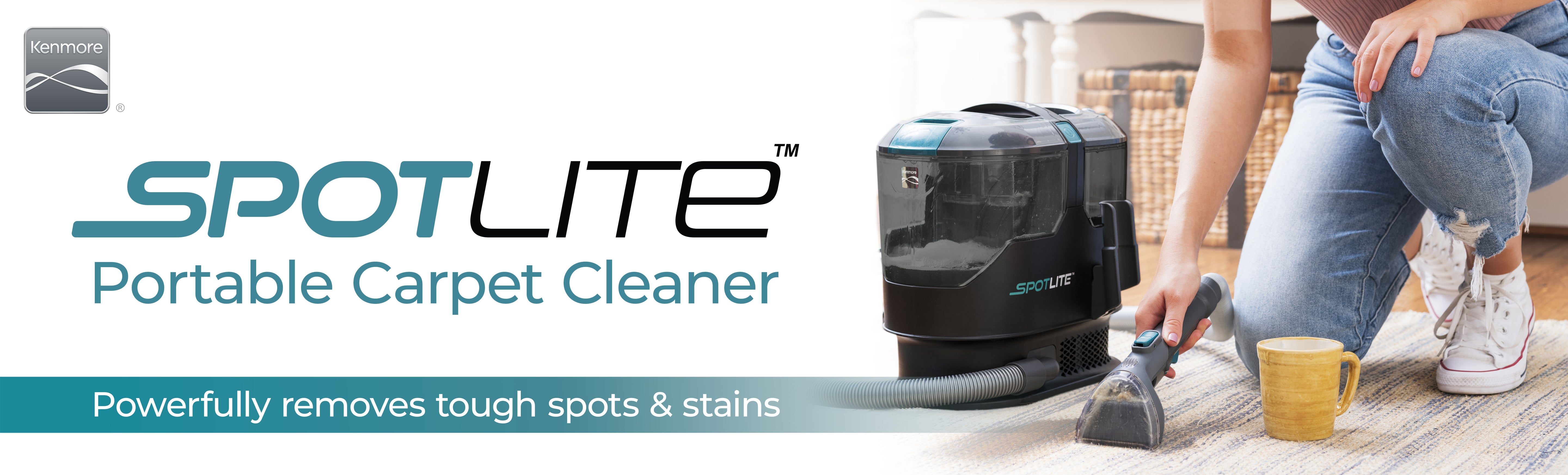 SPOTLITE portable carpet cleaner with a person using it on a carpet.