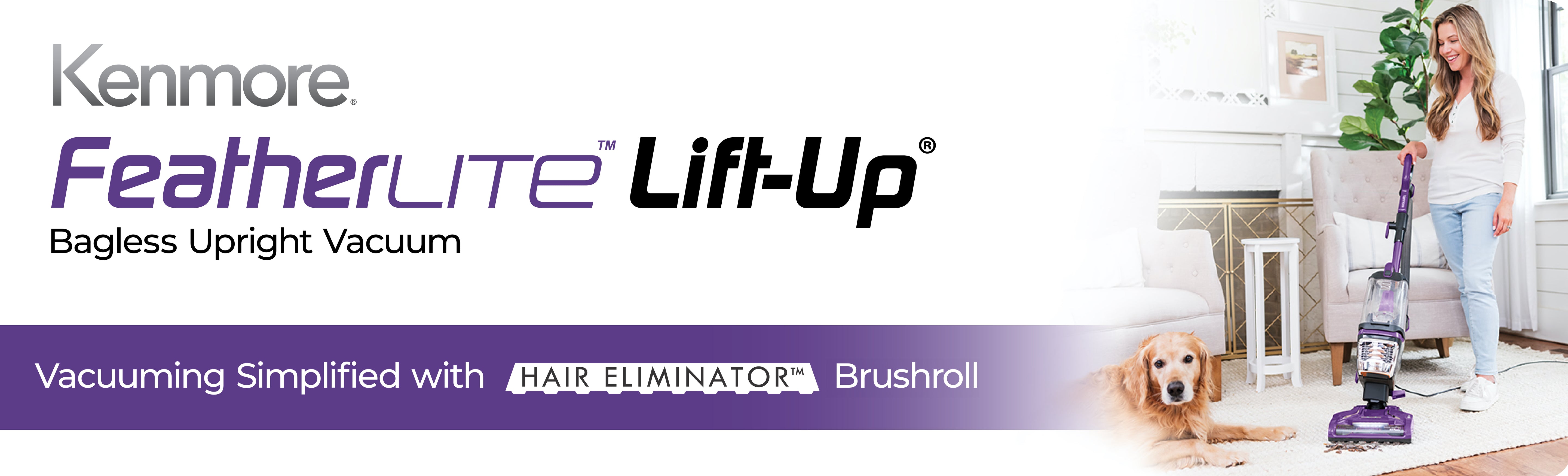 Kenmore FeatherLite Lift-Up Bagless Upright Vacuum advertisement with a woman and dog in a living room.