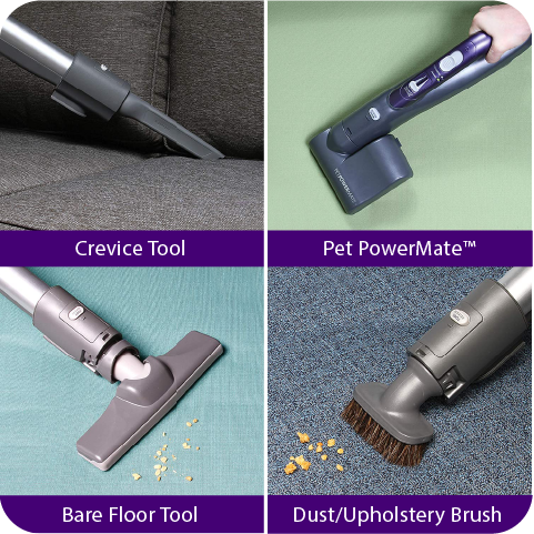 Four different attachments of a vacuum cleaner on various surfaces with labels.