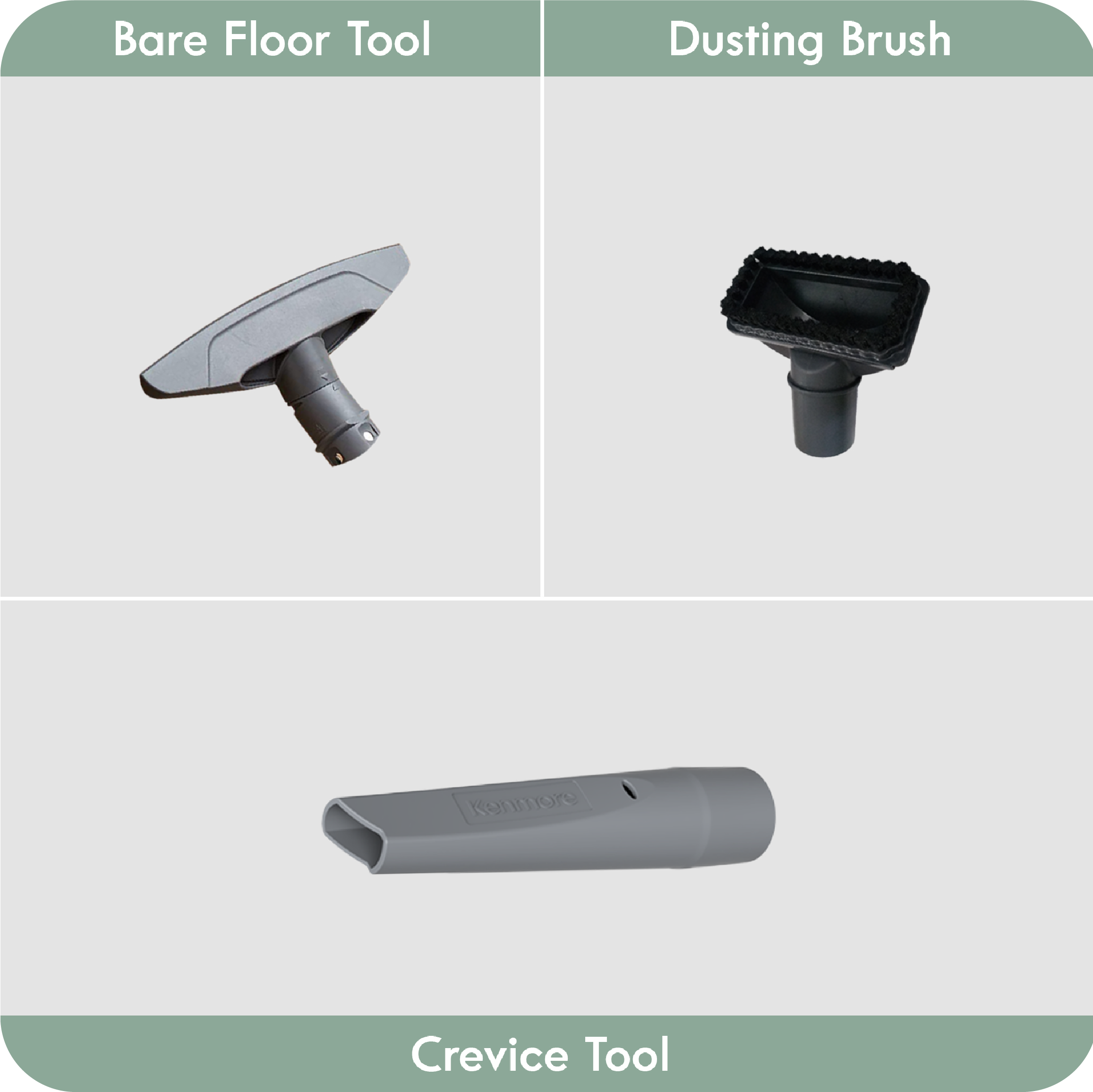 Bare floor tool, dusting brush, and crevice tool on a white background