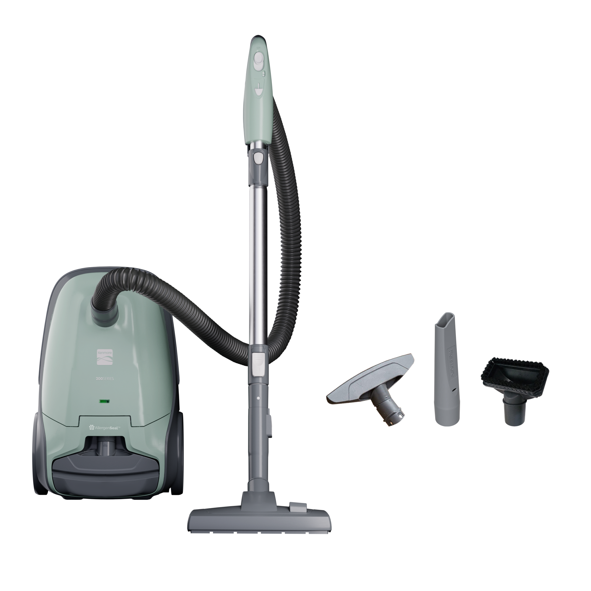 Canister vacuum cleaner with attachments on a white background