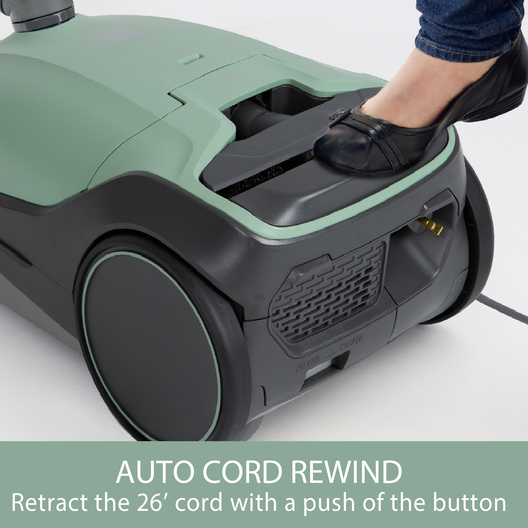 Green and gray canister vacuum cleaner with auto cord rewind feature on a white background