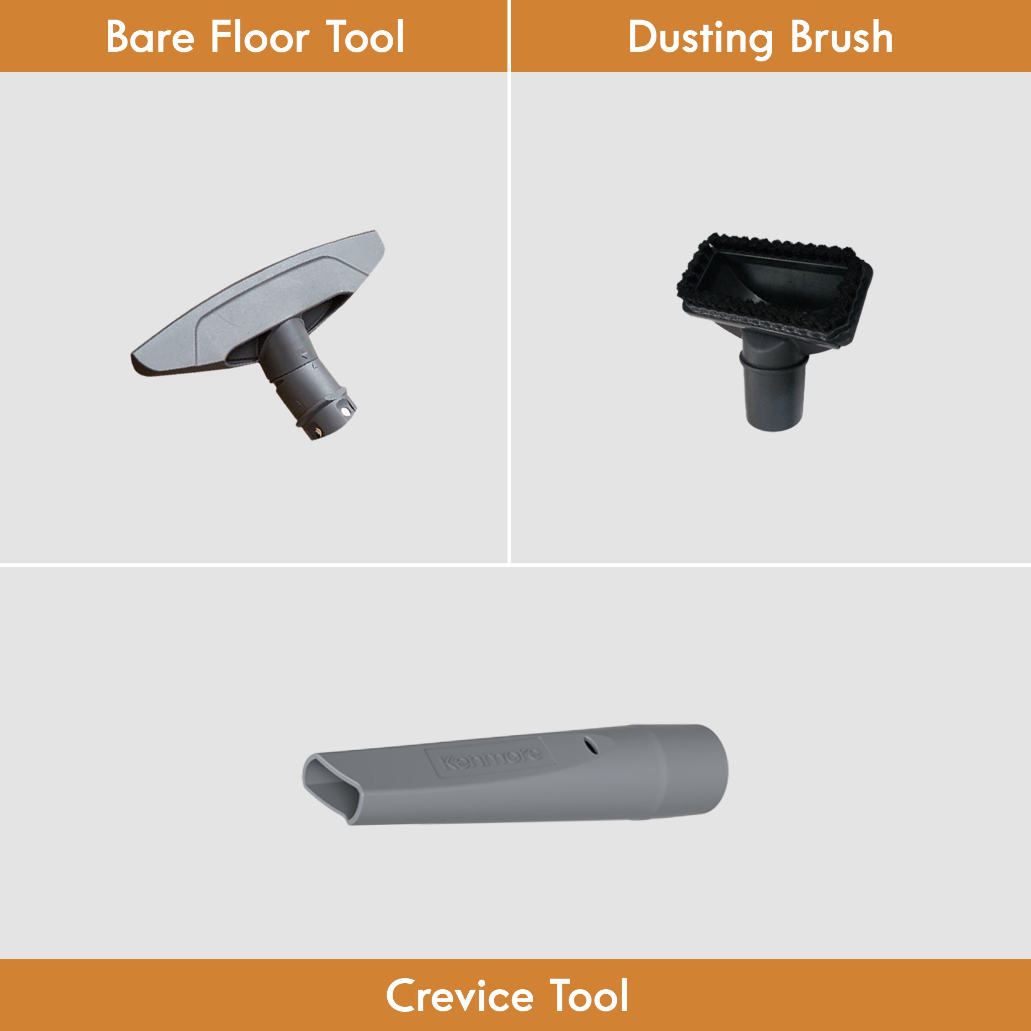 Three vacuum tool attachments labeled 'Bare Floor Tool', 'Dusting Brush', and 'Crevice Tool' on a gray background.