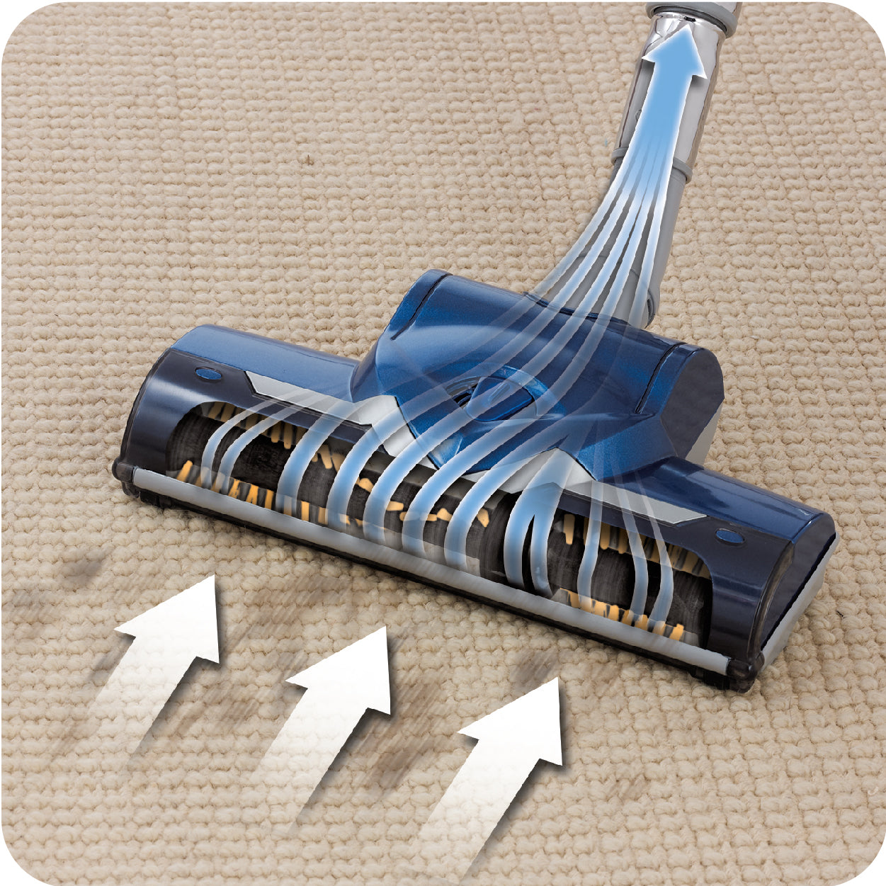 canister vacuum cleaner brush roller on a carpet with arrows indicating movement