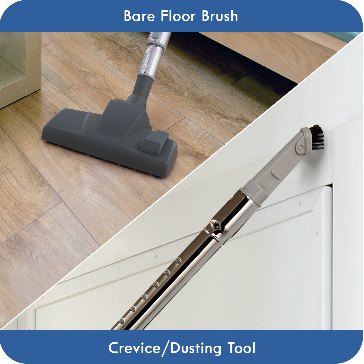 Canister vacuum nozzle attachment cleaning a wooden floor and a dusting brush tool cleaning above a white door.
