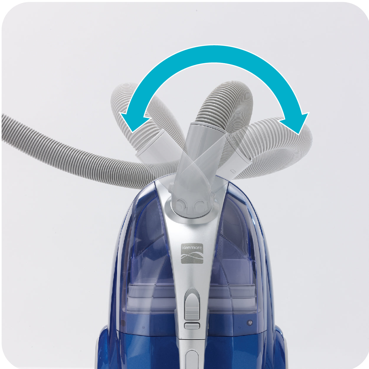 Blue and gray canister vacuum cleaner showing 360 degree hose swivel on a white background