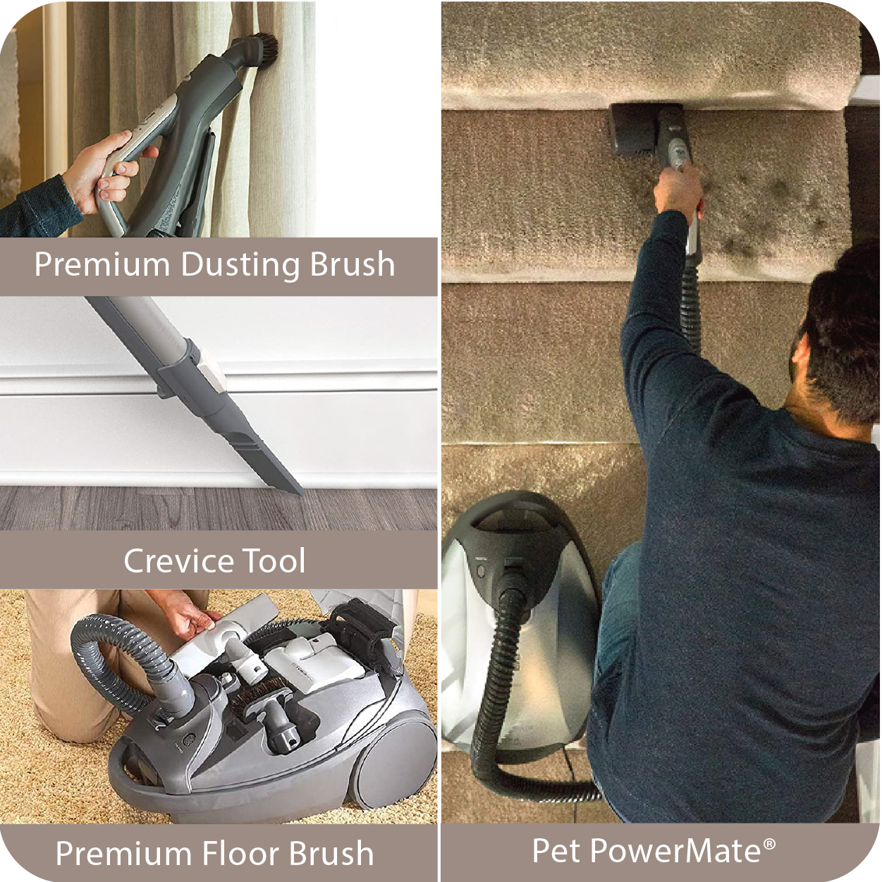 Vacuum cleaner attachments being used on different surfaces.