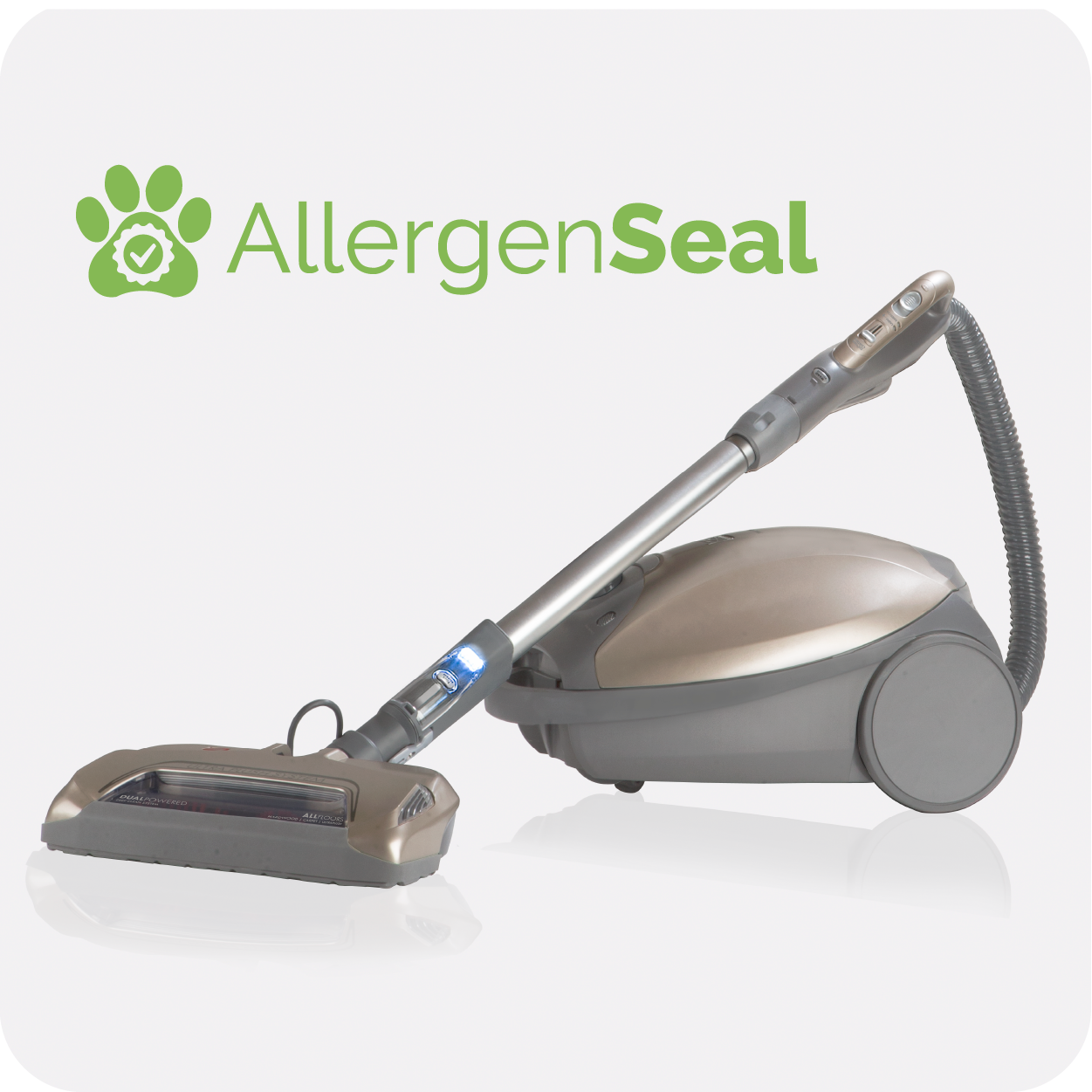 Vacuum cleaner with 'AllergenSeal' branding on a white background