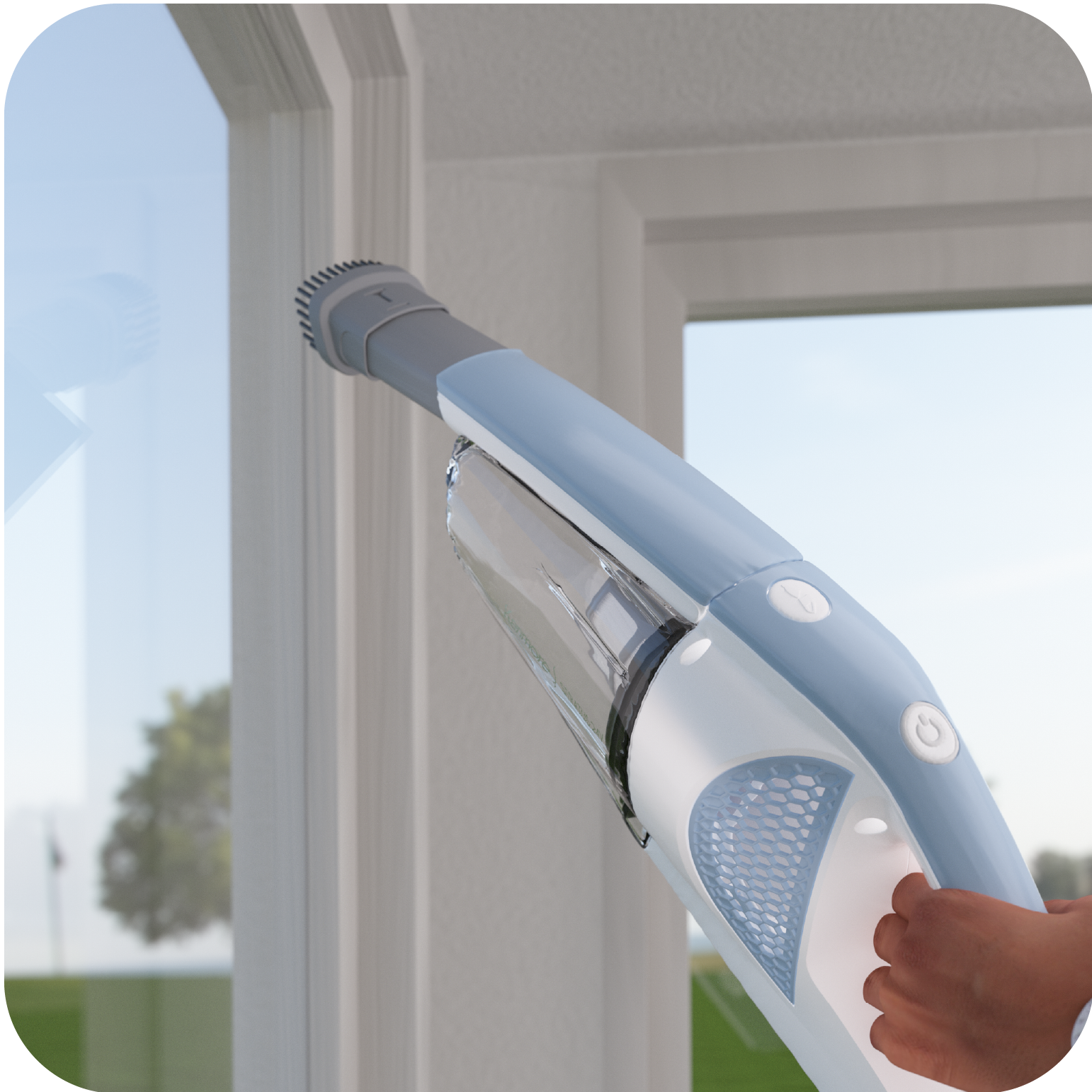 Handheld vacuum cleaner being used to clean a window