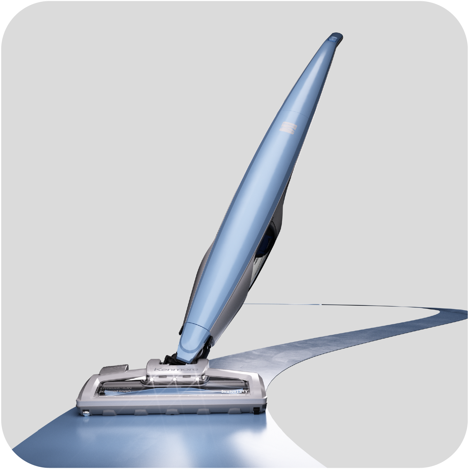 Blue and gray stick vacuum cleaner on a light gray background