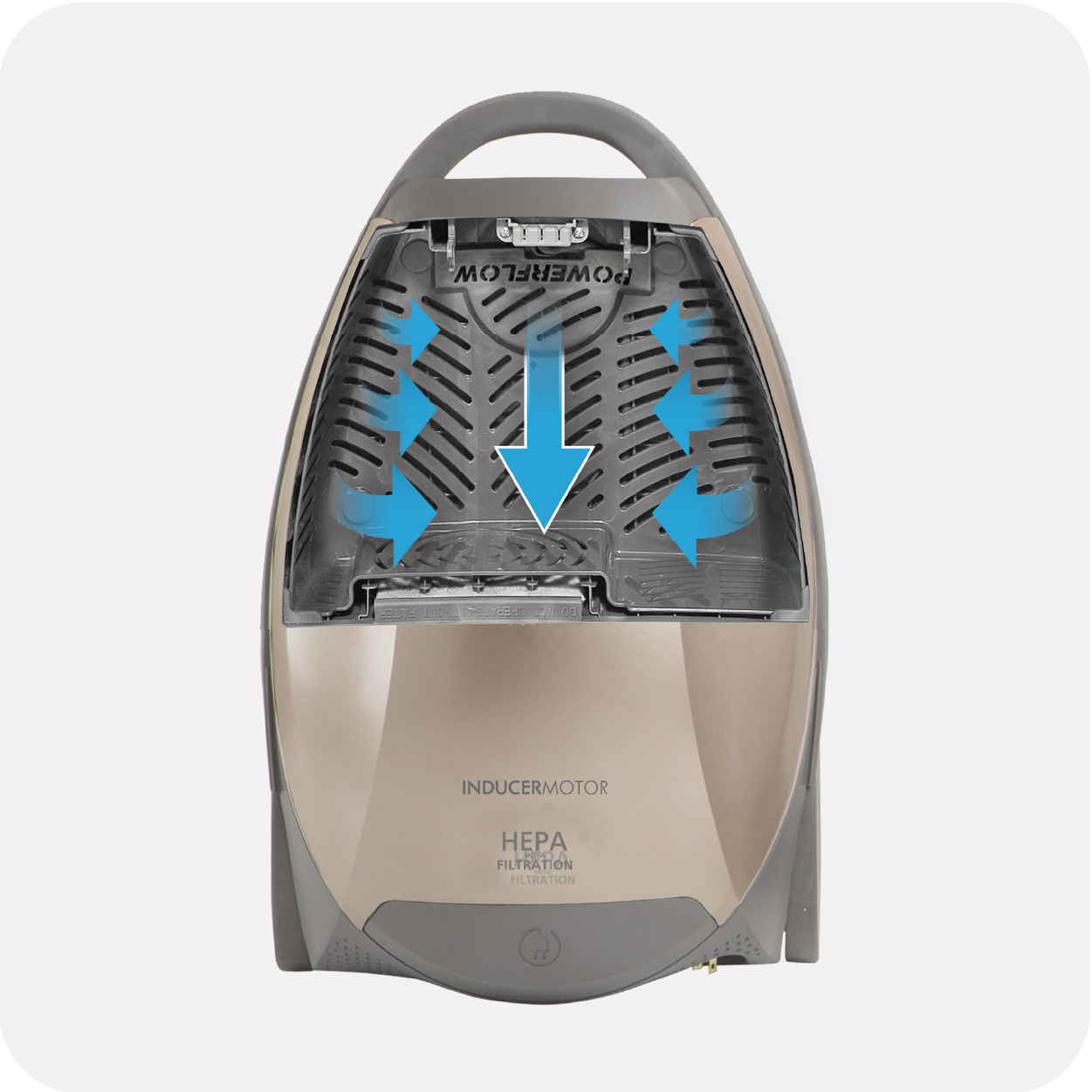 Vacuum cleaner with HEPA filtration and inducer motor labeled on a white background