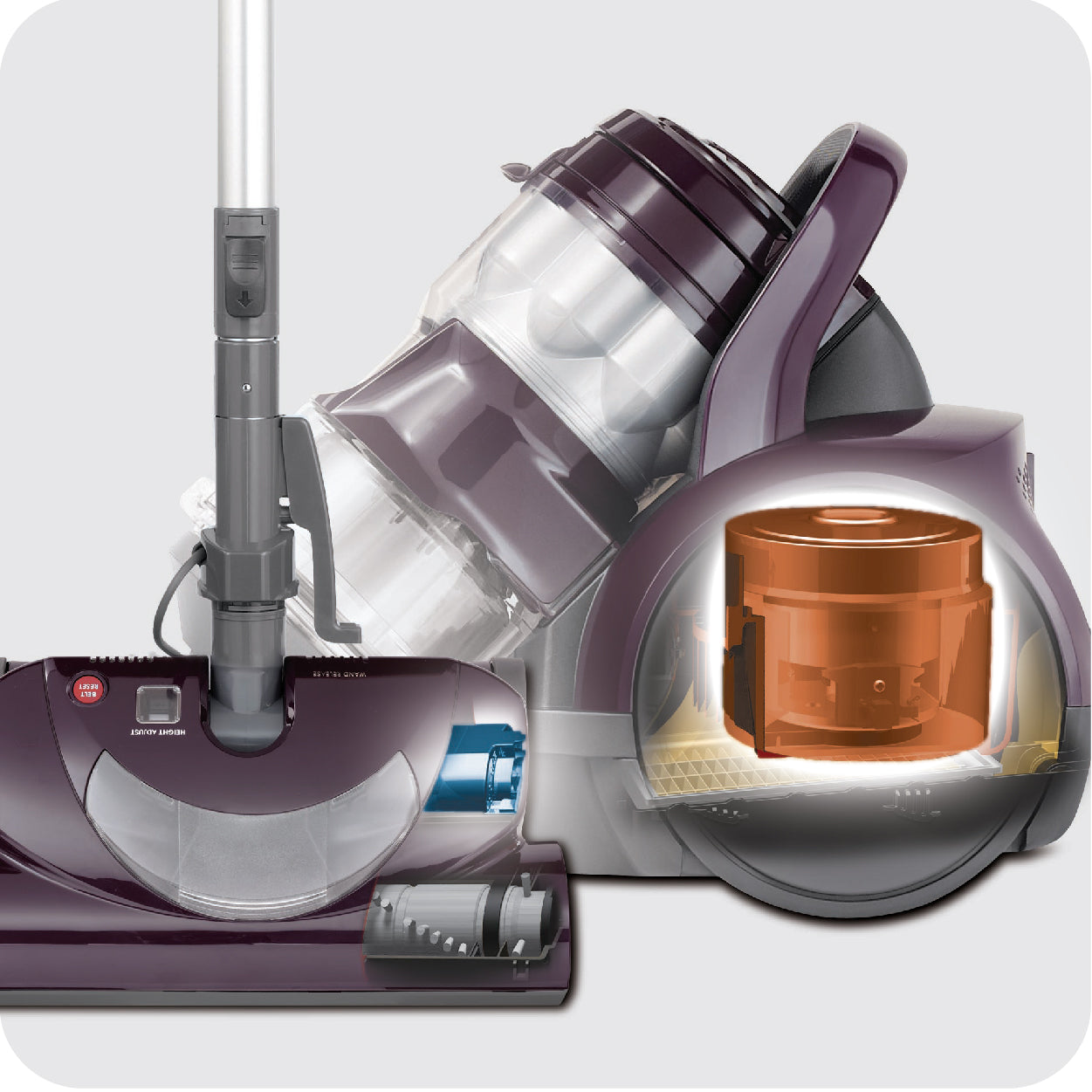 Canister vacuum cleaner illustrating two-motor system on a white background