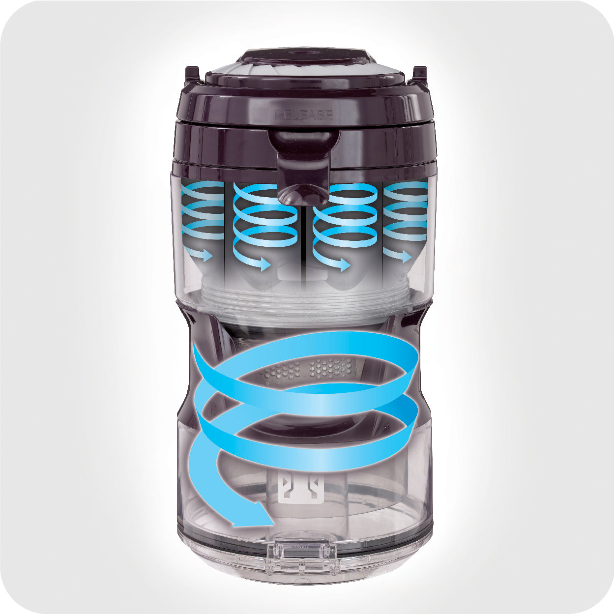 Vacuum cleaner dust cup with blue spiral indicating multi-cyclonic technology on a white background
