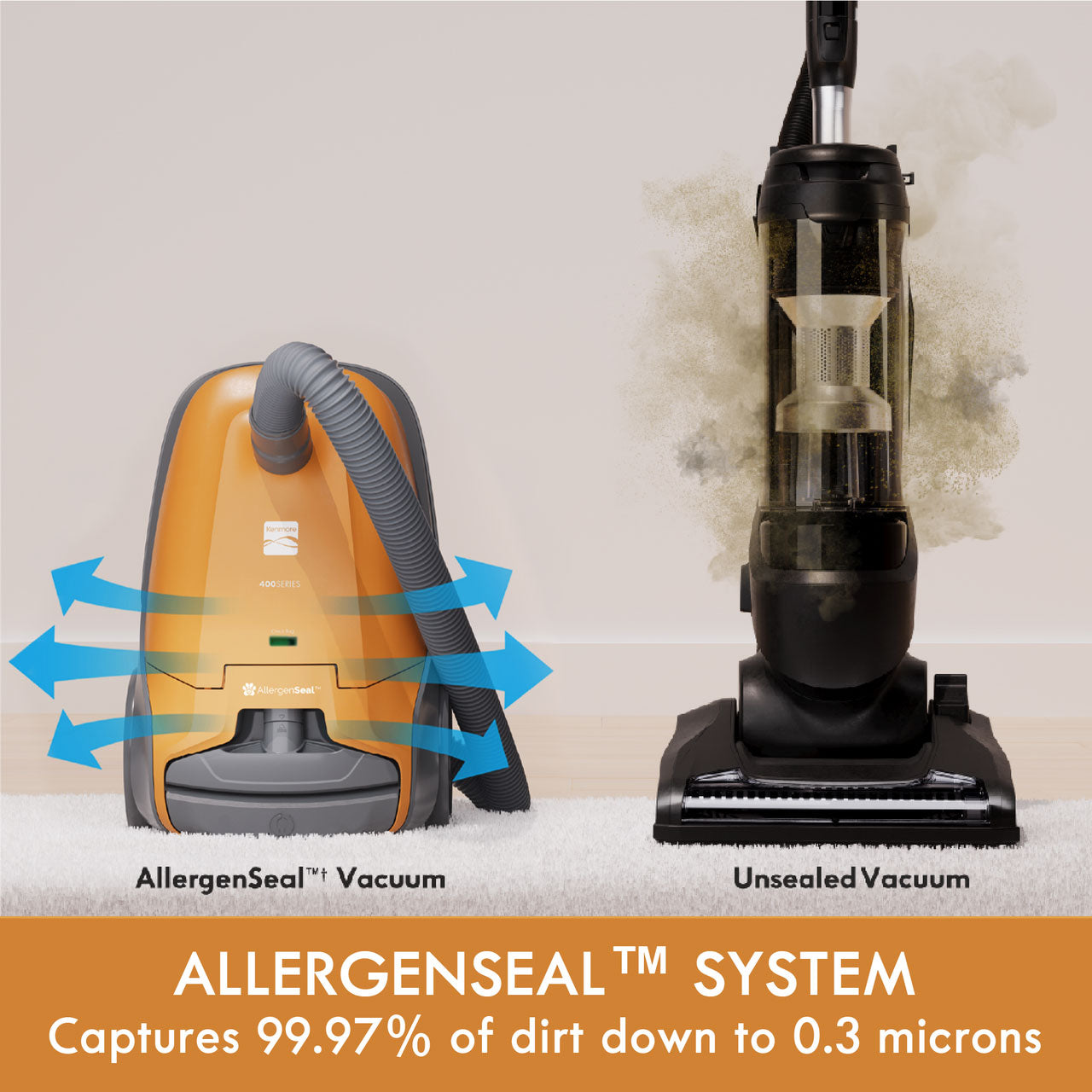 Two vacuums, one with Kenmore AllergenSeal system and the other brand without, on a light background.