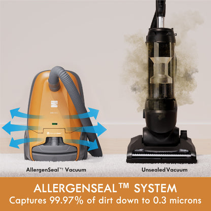 Two vacuums, one with Kenmore AllergenSeal system and the other brand without, on a light background.